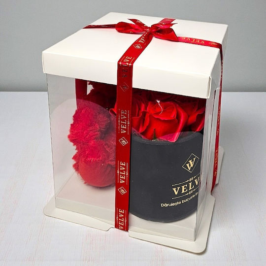 Pachet Special De Valentine Tommy Bear Aranjament 20 Cm 7 Trandafiri Săpun În Cutie Elegantă