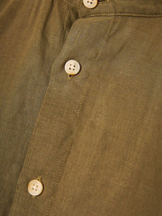 Funky Buddha Long Sleeve Linen Shirt in Regular Fit Khaki