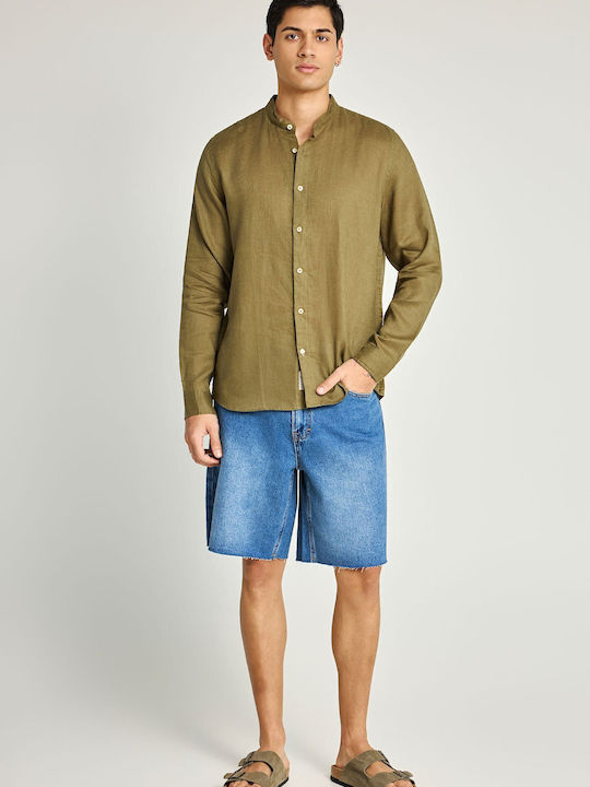 Long Sleeve Linen Shirt in Regular Fit Khaki