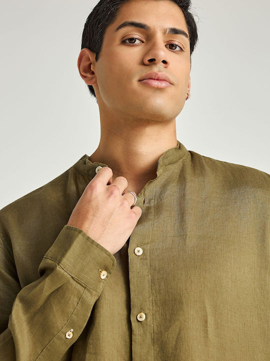 Long Sleeve Linen Shirt in Regular Fit Khaki