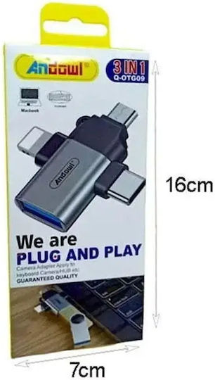 Andowl Μετατροπέας Lightning / USB-C / micro USB male σε USB-A female Γκρι 1τμχ Q-OTG09