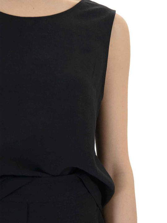 Women's Summer Linen Sleeveless Blouse with V Neckline Black