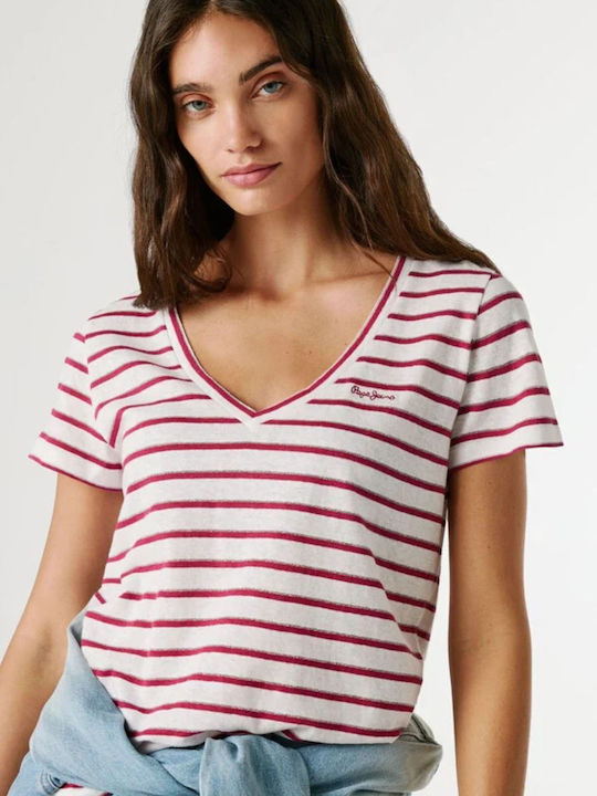 Megan Women's Blouse with V Neckline Striped White