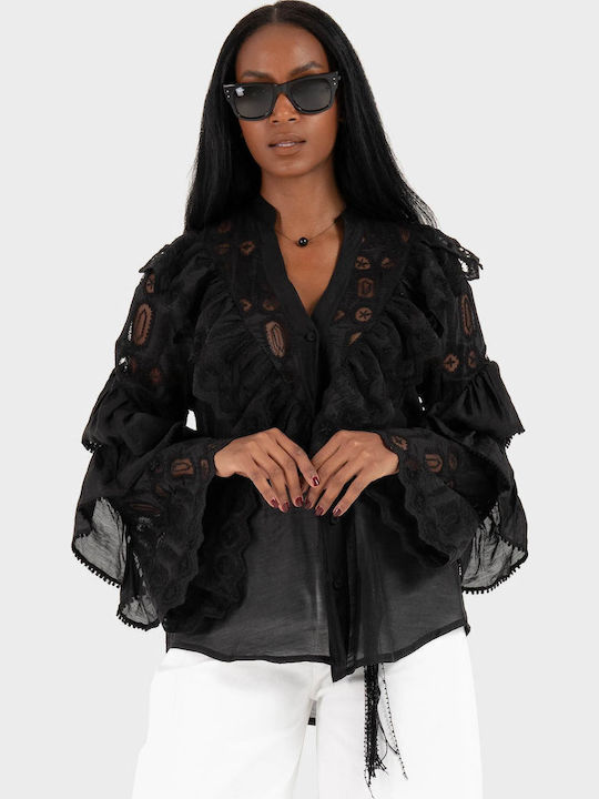 Women's Blouse with Lace Black
