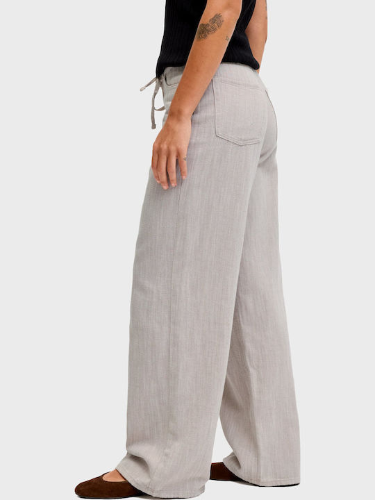 Zoe Women's High Rise Fabric Trousers in Wide Leg Style Light Grey