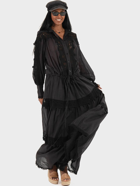 Maxi Evening Dress with Lace Black