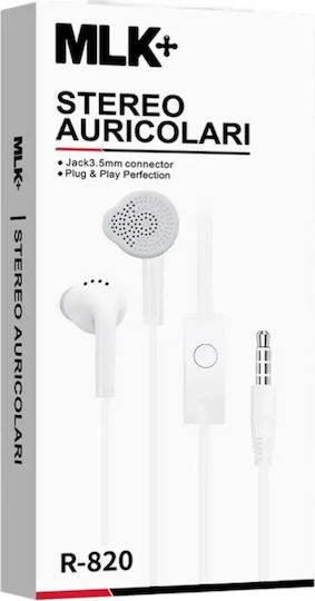 Mlk+ R-820 Кабелни In Ear Слушалки с Микрофон Jack 3.5mm Усилено Кабел Бели