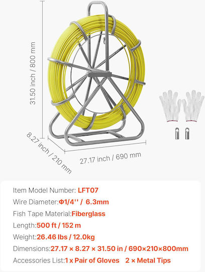 Vevor Braided Fishing Tape Locking Mechanism 152m 6.3mm Electrical Installations Difficult Locations Non Conductive Zjkydblxw14iq3yp7001v0