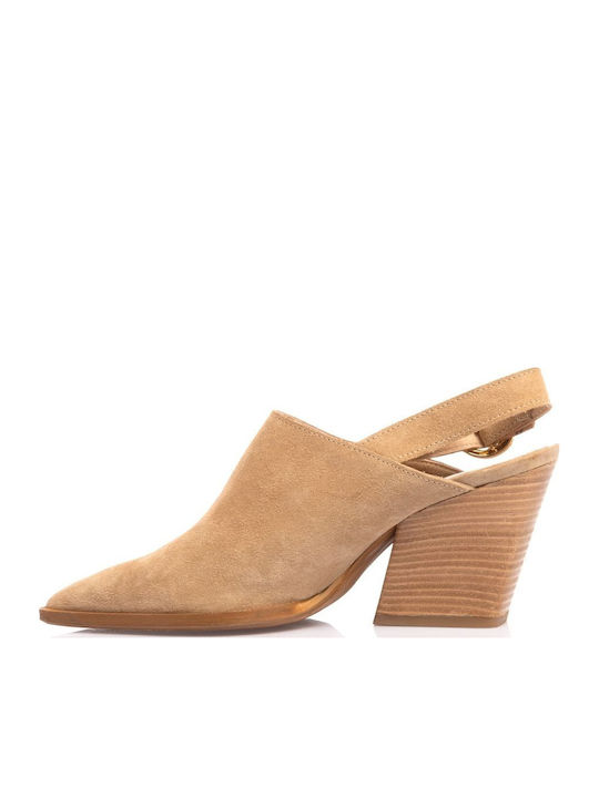 Leather Mules with High Heel in Beige Colour