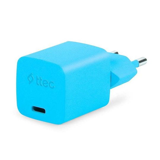 TTEC GaN Handyladegerät mit USB-C Ausgangsanschluss und Kabel USB-C - USB-C 20W Stromlieferung Blau