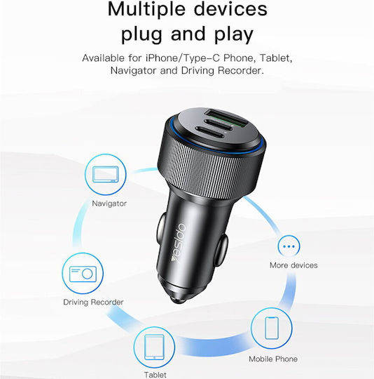 Yesido Автомобилен Заряден Устройство 60W Бързо Зареждане с Портове 1xUSB-A 2xType-C Черен Цвят