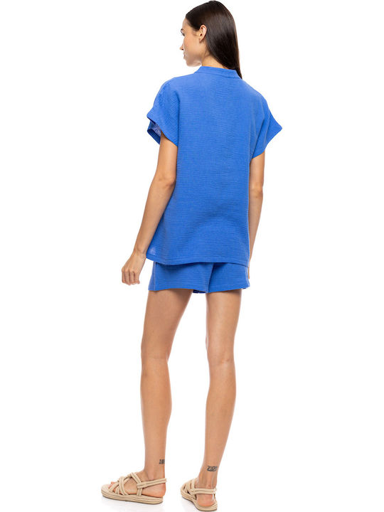 Pink Label Sommer Damen Schlafanzug-Set Indigo Blau