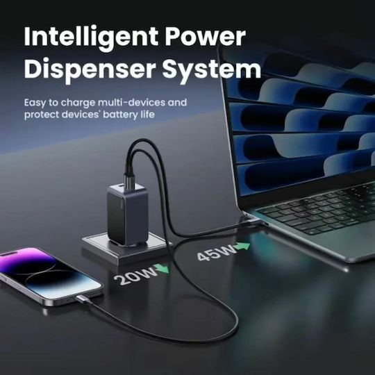 Ugreen Charger Without Cable GaN with USB-A Port and 2 USB-C Ports 65W Power Delivery / Quick Charge 3.0 Gray (Nexode Air)