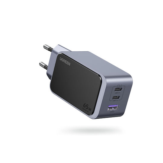 Ugreen Charger Without Cable GaN with USB-A Port and 2 USB-C Ports 65W Power Delivery / Quick Charge 3.0 Gray (Nexode Air)