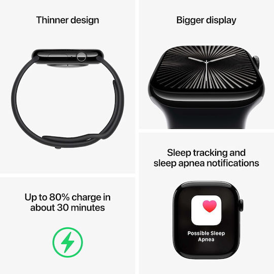 Apple Watch Series 10 Aluminium 42mm Αδιάβροχο με Παλμογράφο (Jet Black με Black Sport Band - S/M)