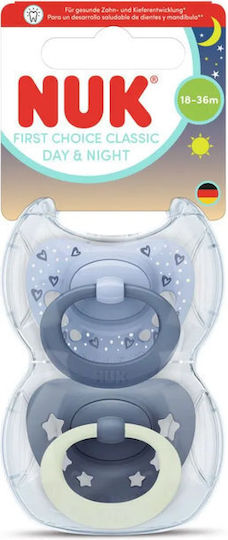 Nuk First Choice Classic Day & Night Πιπίλες Σιλικόνης Νυκτός με Θήκη Μπλε για 18-36 μηνών 2τμχ