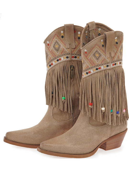 Suede Women's Ankle Boots Cowboy with Medium Heel Beige