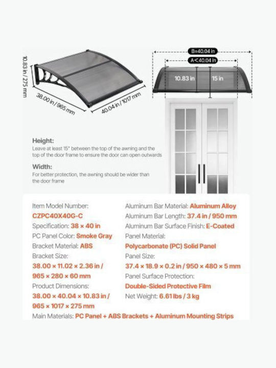 Vevor Polycarbonate Capony Roof for Door and Window P101.6xL96.52cm