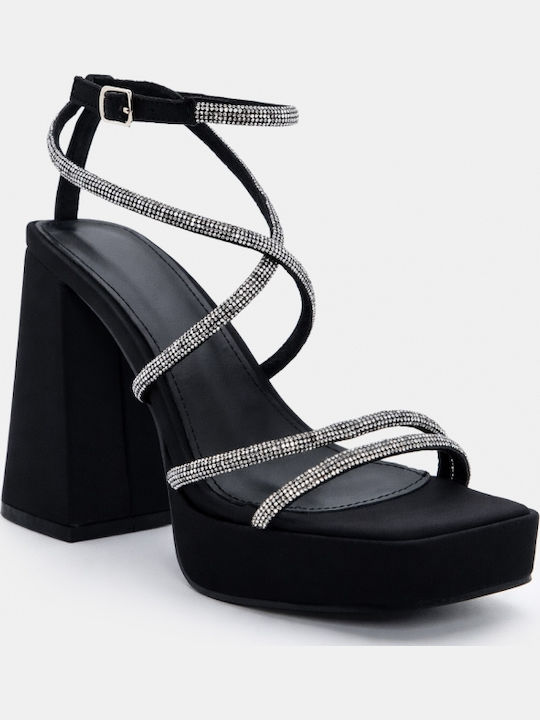 Fabric Sandals with Strass Black