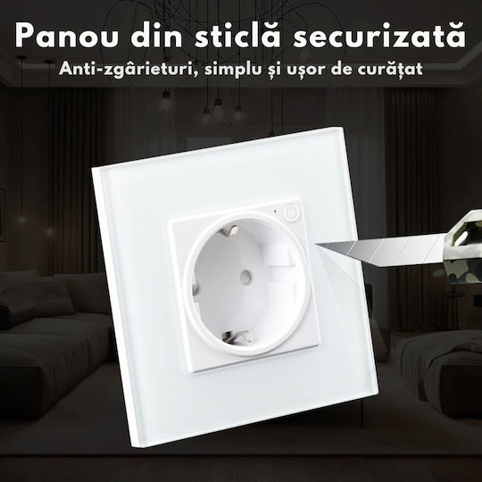 Priză Inteligentă de Perete Wifi Monitorizare Consum 16A – Control de la Distanță prin Aplicația Tuya Smart Life Control Vocal Programare Protecție Copii Panou din Sticlă Termorezistentă Compatibilă cu VisionHub Ios Android Amazon Alexa Google Home