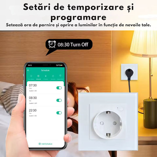Priză Inteligentă de Perete Wifi Monitorizare Consum 16A – Control de la Distanță prin Aplicația Tuya Smart Life Control Vocal Programare Protecție Copii Panou din Sticlă Termorezistentă Compatibilă cu VisionHub Ios Android Amazon Alexa Google Home
