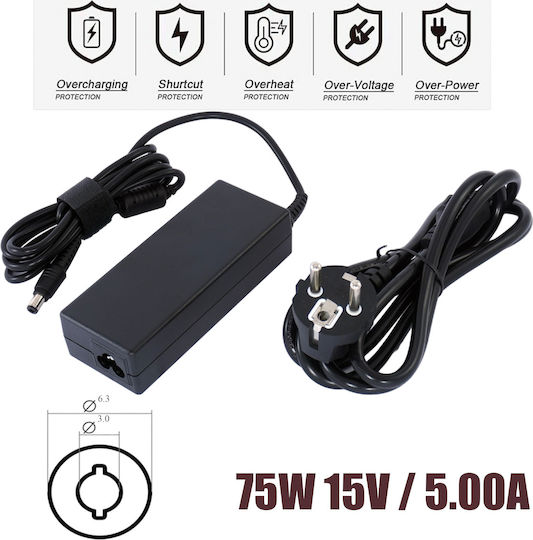 Laptop Charger 15V 5A for Toshiba with Detachable Power Cable