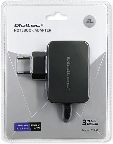 Qoltec Laptop Charger 45W 20V 2.25A for Lenovo with Detachable Power Cable
