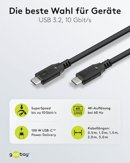 Goobay USB 3.2 Cable USB-C male - USB-C 100W PD Μαύρο 0.5m 74199 Bulk