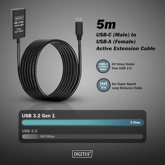 Digitus USB 3.2 Cable USB-C male - USB-A female Black 5m (DA-73110)