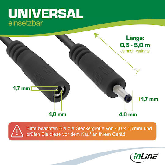 Inline Inline Dc Extension Cable Male Female Dc Plug 4.0x1.7 Mm Awg 18 Black 5 M