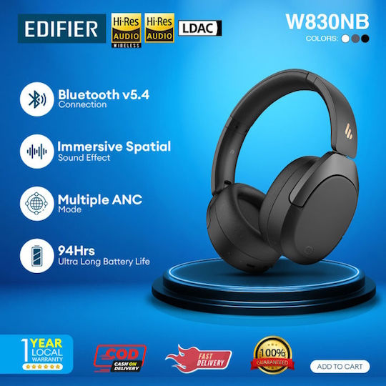 Edifier W830NB Hybrid Wireless / Wired Over Ear Headphones with 94 Hours Playing Time and Quick Charge Black