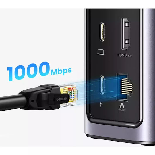 Ugreen USB-C Docking Station με HDMI/DisplayPort 4K PD Ethernet και συνδεση 3 Οθονών Ασημί (90325)