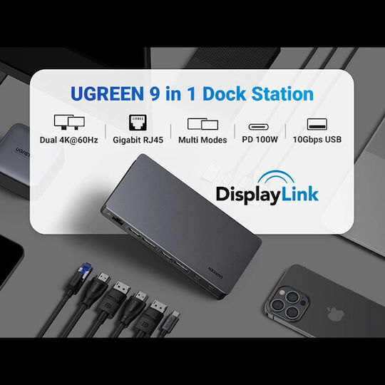 Ugreen CM615 USB-C Docking Station με HDMI/DisplayPort 4K PD Ethernet και σύνδεση 2 Οθονών Μαύρο