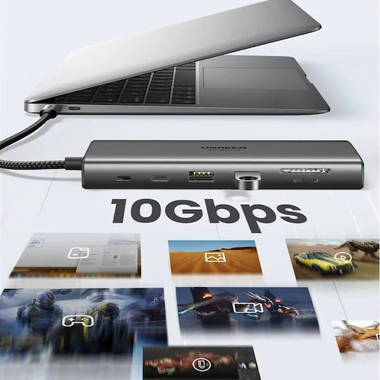 Ugreen CM639 USB-C Docking Station με HDMI 4K PD Ethernet και σύνδεση 2 Οθονών Γκρι