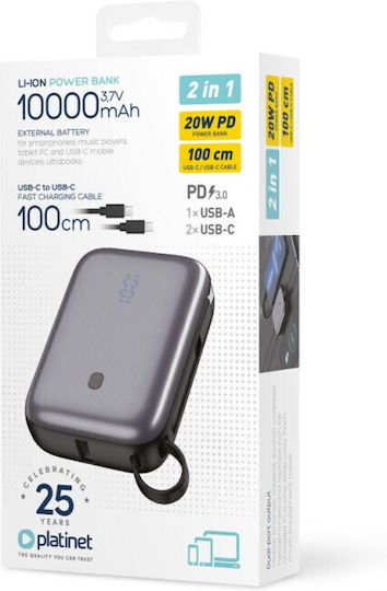 Platinet Power Bank 10000mAh 20W με Θύρα USB-A και 2 Θύρες USB-C Μαύρο