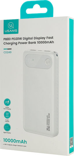 Usams CD249 Power Bank 10000mAh 20W με 2 Θύρες USB-A και Θύρα USB-C Λευκό