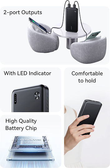 Usams CD253 Power Bank 10000mAh 10W με 2 Θύρες USB-A Μαύρο