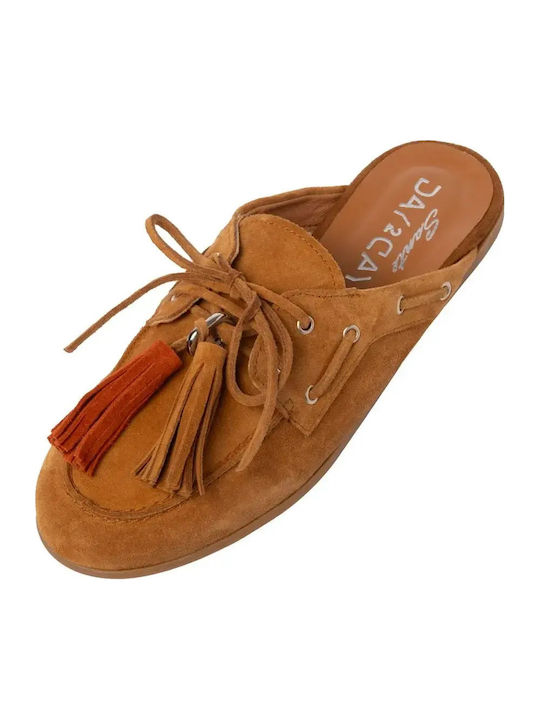 Leather Mules with Heel in Tabac Brown Colour