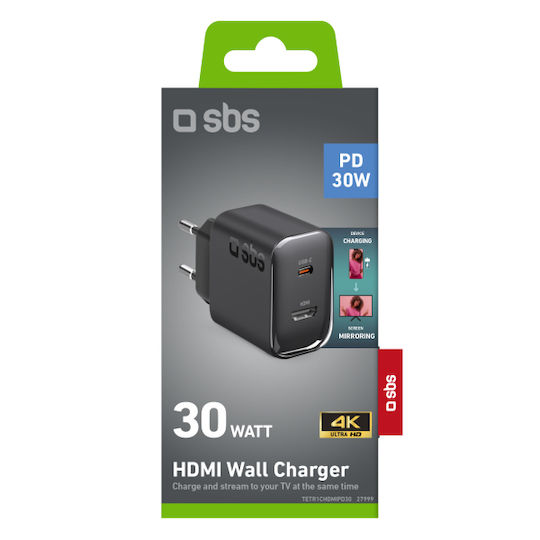 SBS Φορτιστής Χωρίς Καλώδιο με Θύρα USB-C 30W Power Delivery Μαύρος (TR1CHDMIPD30)