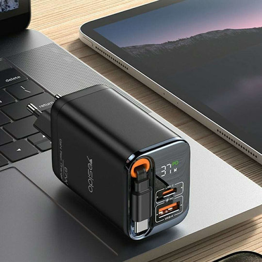 Yesido Charger With Built-In Cable GaN With USB-A Output Port And USB-C Output Port USB-C 67W Quick Charge 3.0 Power Delivery Quick Charge 2.0 Black (YC100)