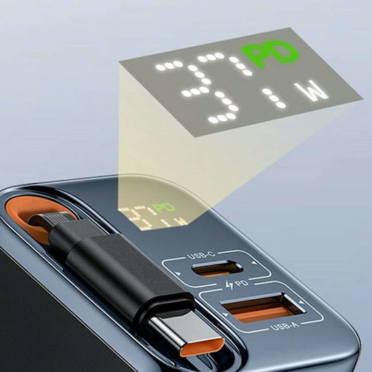 Yesido Charger With Built-In Cable GaN With USB-A Output Port And USB-C Output Port USB-C 67W Quick Charge 3.0 Power Delivery Quick Charge 2.0 Black (YC100)