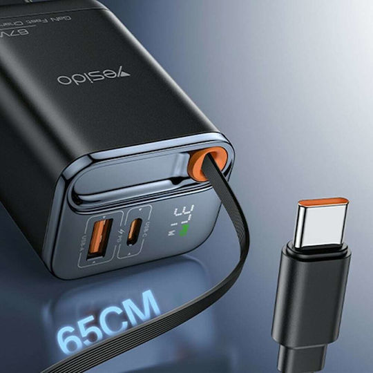 Yesido Charger With Built-In Cable GaN With USB-A Output Port And USB-C Output Port USB-C 67W Quick Charge 3.0 Power Delivery Quick Charge 2.0 Black (YC100)