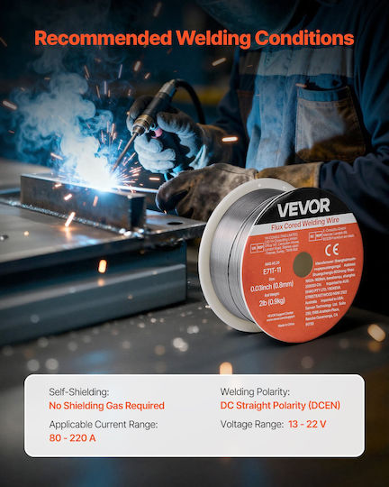 Mig Flux Core Welding Wire Vevor E71t-11 0.8mm 0.9kg Welding Wire For Mild Steel Gasless Low Spatter Arc Welding All Positions Self-Shielded Outdoor Use