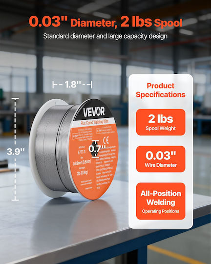Mig Flux Core Welding Wire Vevor E71t-11 0.8mm 0.9kg Welding Wire For Mild Steel Gasless Low Spatter Arc Welding All Positions Self-Shielded Outdoor Use
