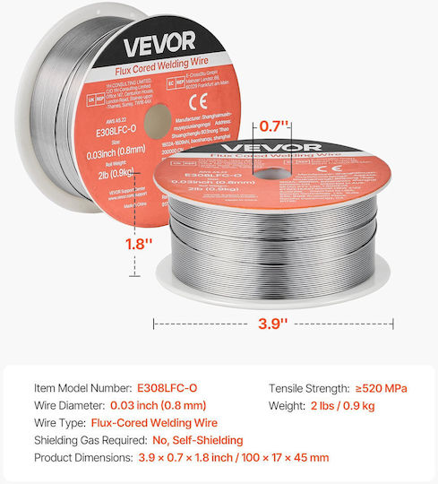 Σύρμα Συγκόλλησης Vevor Flux Core Mig E308lfc-o 0,8mm 0,9kg Ανοξείδωτο Ατσάλι Χωρίς Αέριο Χαμηλό Πιτσίλισμα Συγκόλληση Τόξου Όλες Τις Θέσεις Αυτοπροστατευόμενο Εξωτερική Χρήση
