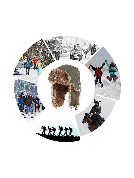 Winter Hat with Fur Ear Flaps Special Clip Closure Gray