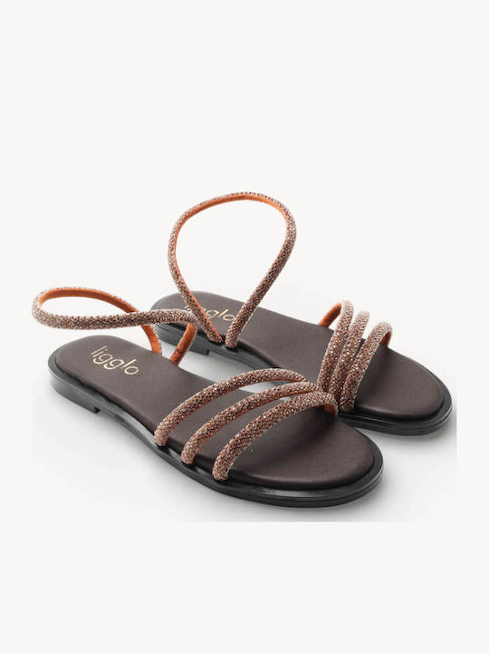 Καφέ Made In Greece Σανδάλια Τριπλά Λουράκια Στρας