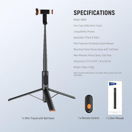 Neewer PA992 Selfie Stick Cell Phone Tripod Black
