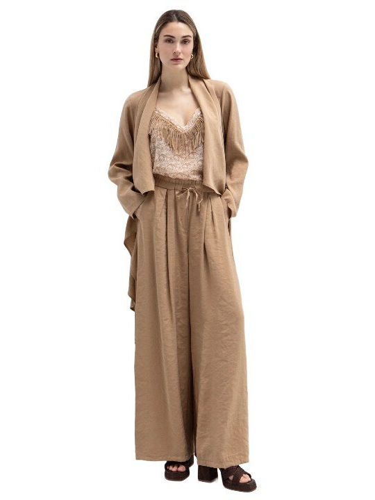 Women's High Rise Pantaloons with Rubber Band in Palazzo Fit Camel