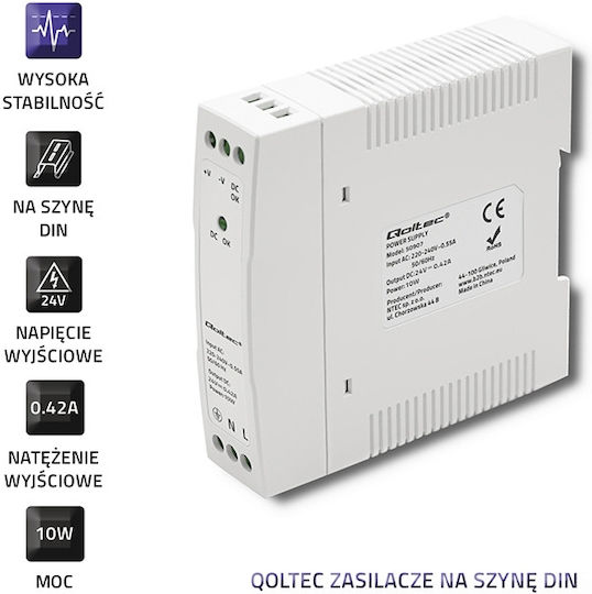 Qoltec Τροφοδοτικό Ράγας cu Ieșire 24V și Putere 10W 0.42A